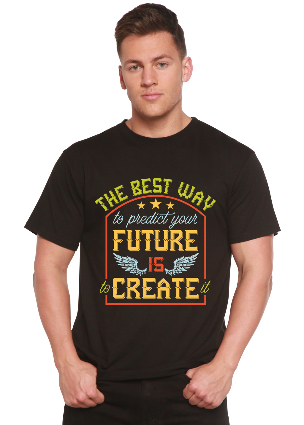 Feture is Create Spun Bamboo® Men's Bamboo Viscose/Organic Cotton Short Sleeve Graphic T-Shirt
